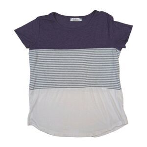 Fashion Womens Medium Colorblock Stripe Short Sleeve Purple Gray White Tunic Tee